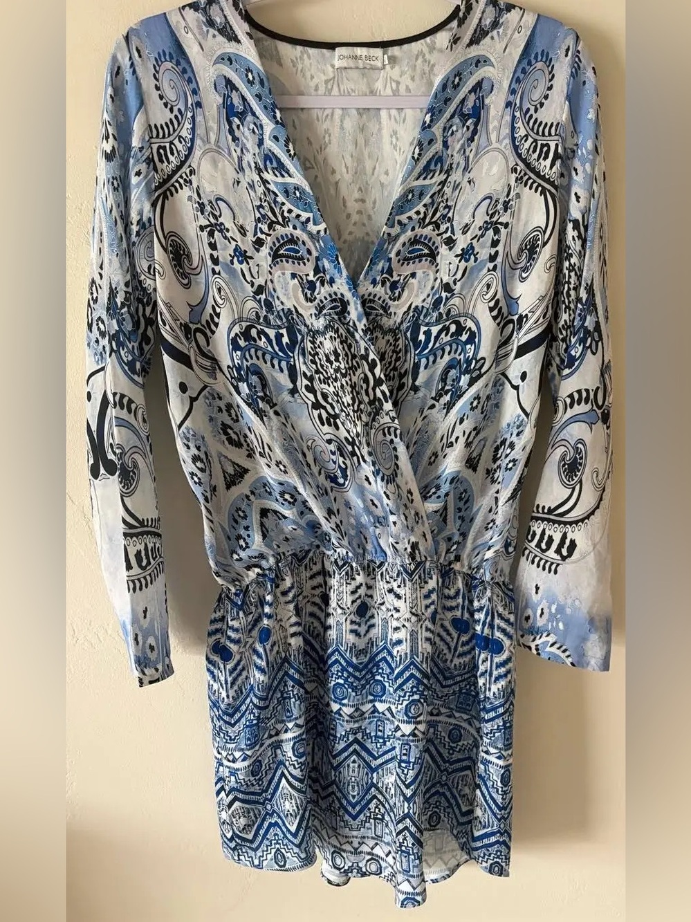 Archival Johanne Beck Wrap Mini Dress Paisley Blue Beach Euro Luxury Size XS